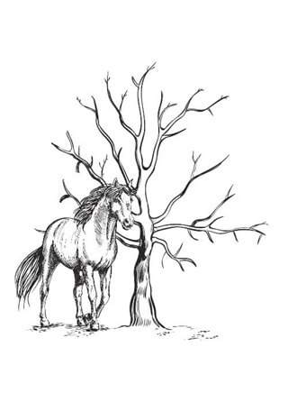 Fingeravtrycksaffisch med träd och häst